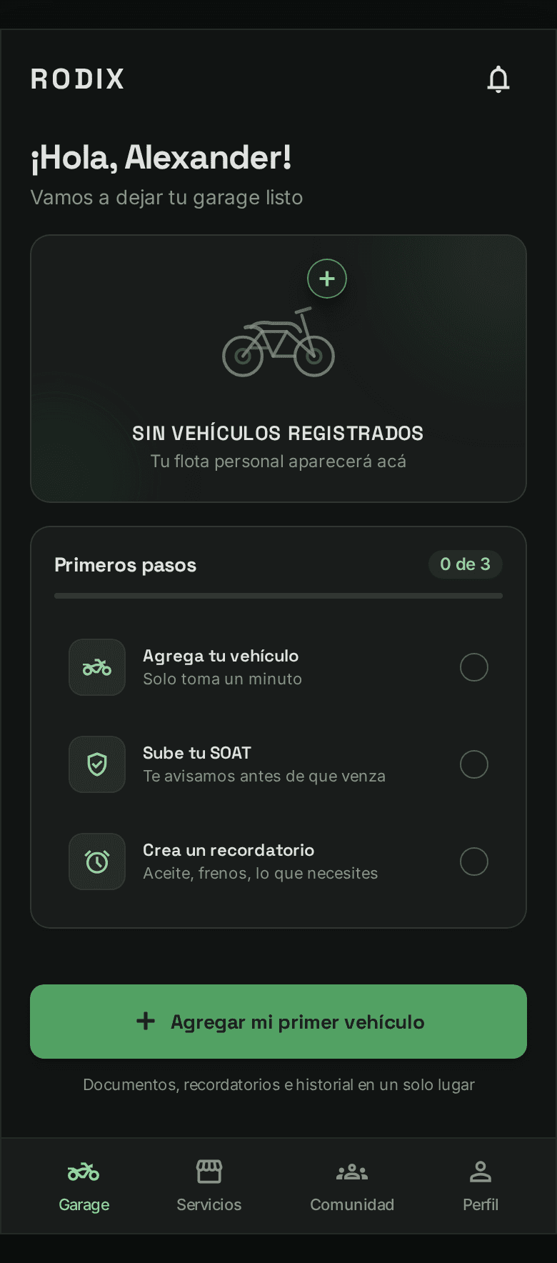 Pantalla Garage de la app de Rodix