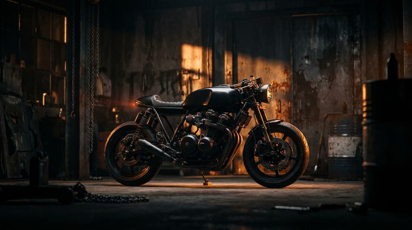 Motocicleta en un garaje oscuro, iluminada con luz cálida naranja